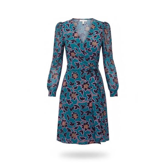 Diane Von Furstenberg NWT Gala Silk-Jersey Chiffon Mini Wrap Dress Vines Teal - Picture 2 of 8